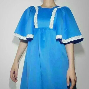 Vintage 70s bright blue babydoll maxi dress with big sleeves & lace ✦ Handmade ✦